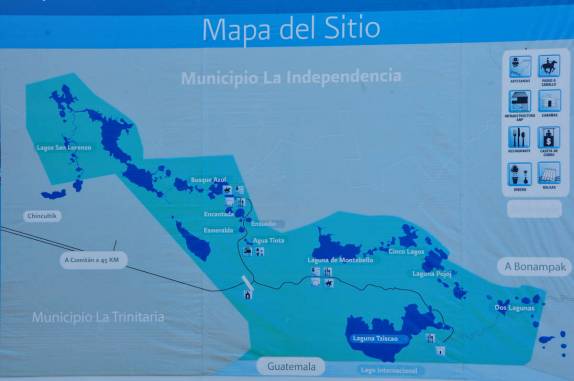 Mapa do parque Lagunas de Montebello, na região de Comitan, em Chiapas, no sul do México, fronteira com Guatemala